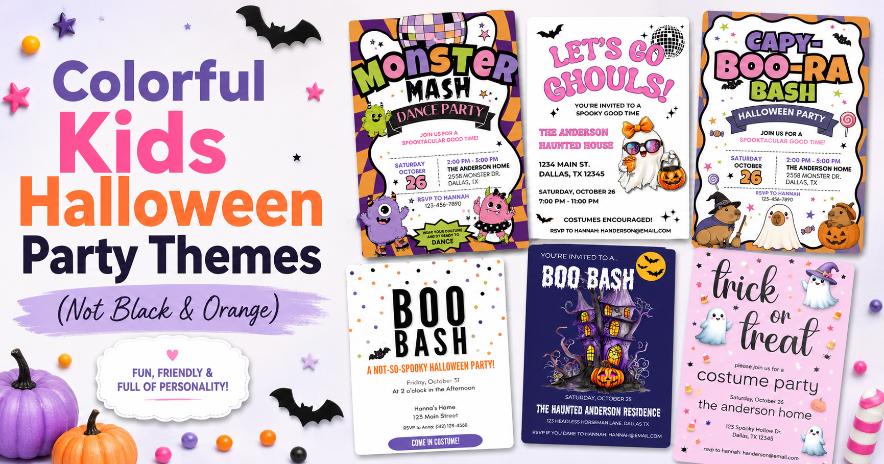 Colorful kids Halloween party themes blog feature image with printable invitations for monster mash, boo bash, ghost, capybara, and not-so-spooky costume party ideas