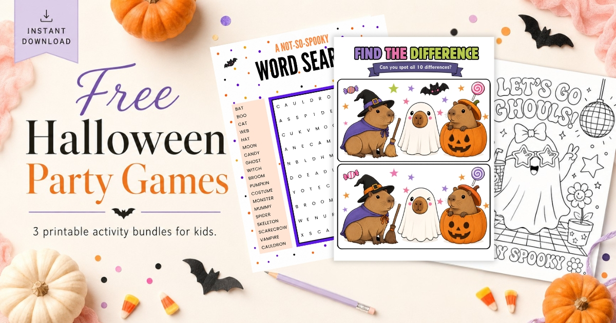 Free printable Halloween party game bundles for kids with word search, find the difference, and coloring pages for a classroom or party activity.