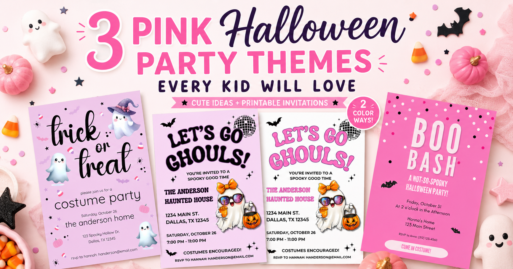 Pink Halloween party themes for kids featuring Trick or Treat, Let’s Go Ghouls, and Boo Bash printable invitations with cute ghosts, bats, pumpkins, and candy corn.