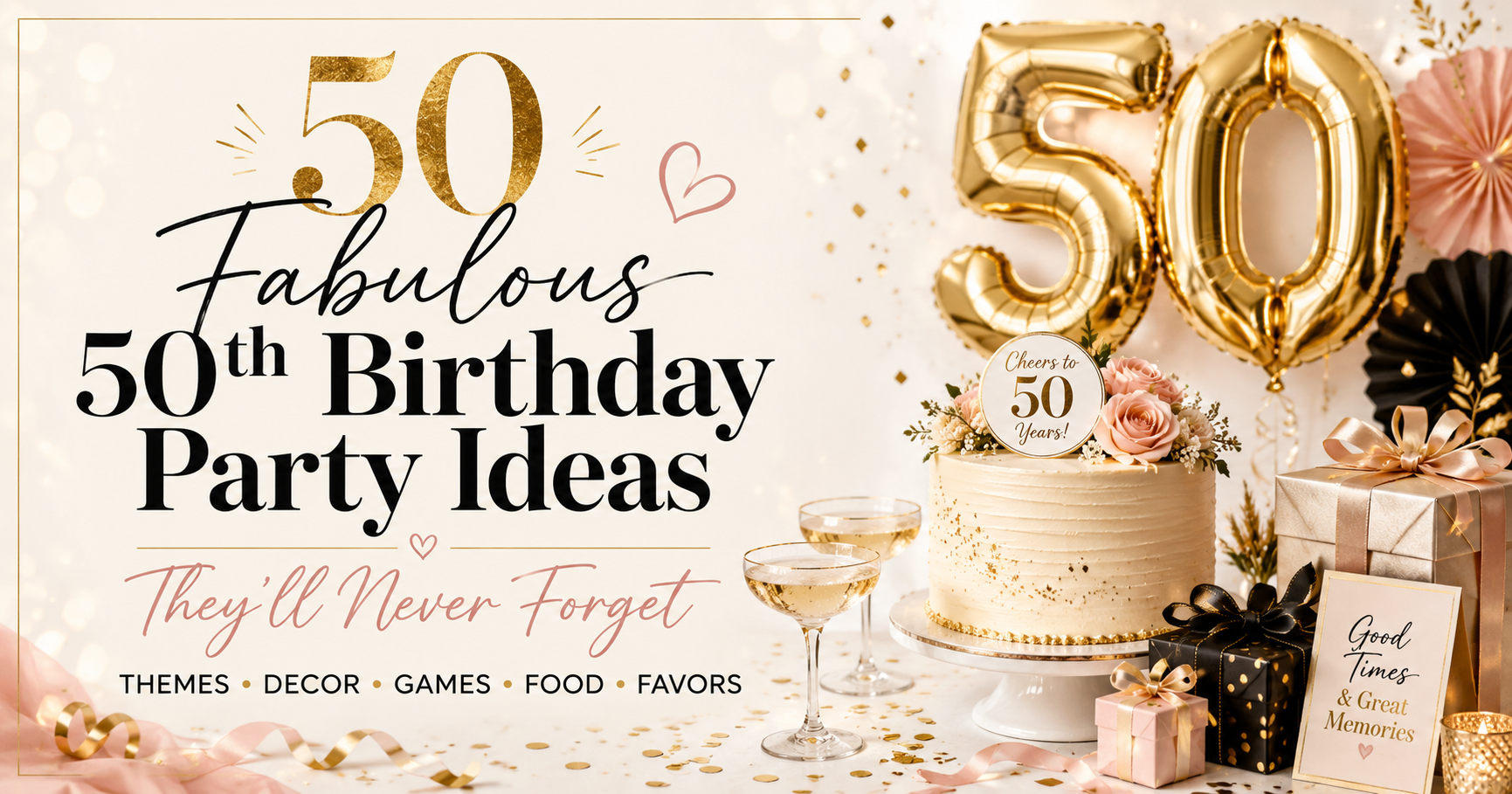 Elegant 50th birthday party setup with gold number balloons, cake, champagne glasses, gifts, and the text “50 Fabulous 50th Birthday Party Ideas.”