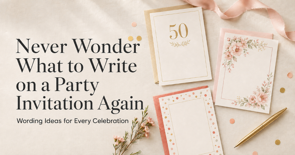 Blog feature image reading “Never Wonder What to Write on a Party Invitation Again,” displayed beside elegant blush, ivory, coral and gold party invitations.